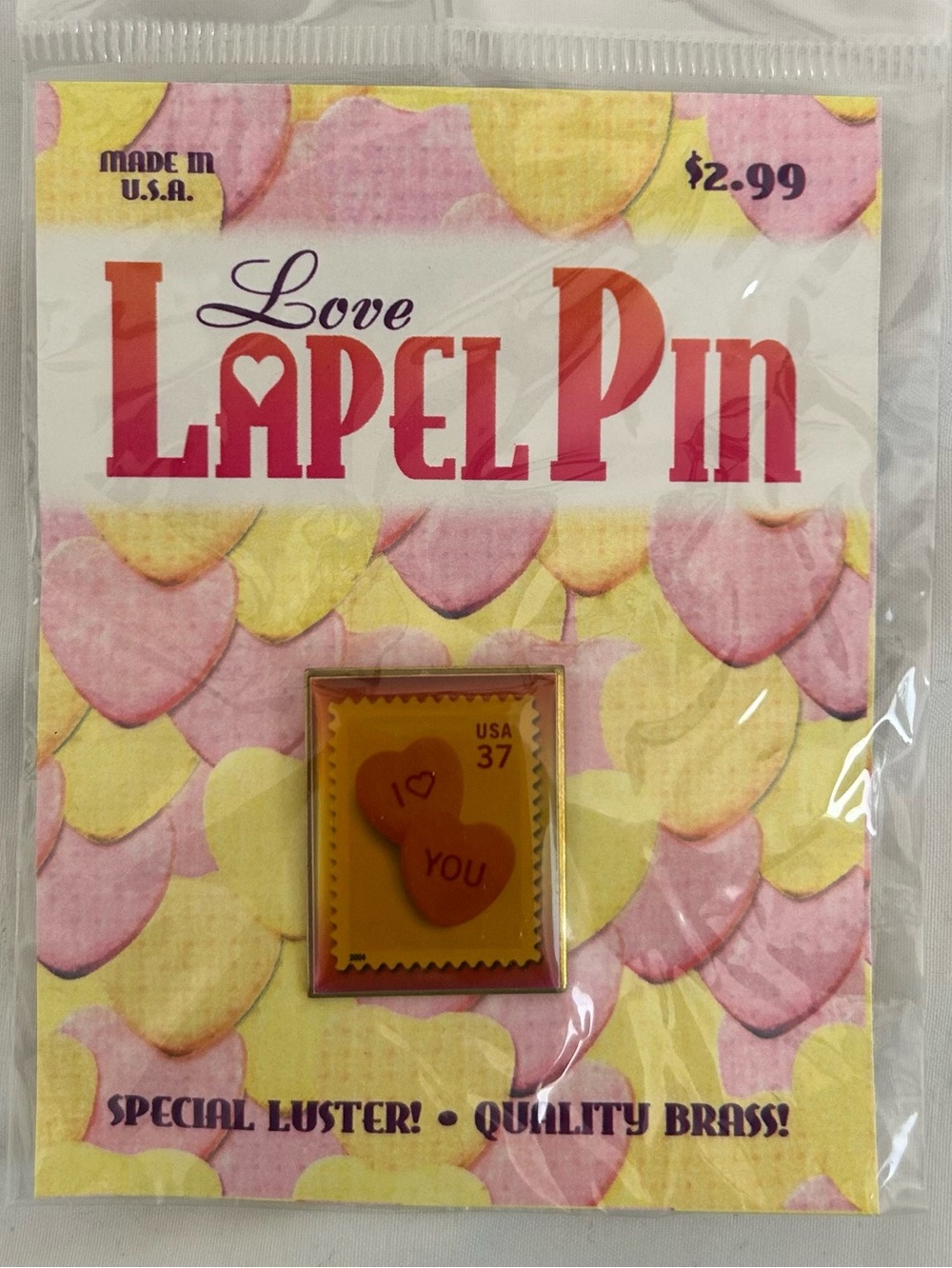 Vintage WINCO I Love You Candy Hearts U.S Postage Stamp Vintage Lapel Pin Brooch